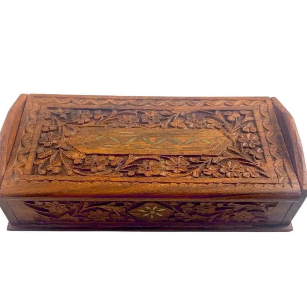 Vintage Ornate Indian Wooden Box Carved Floral Gold Paint Jewelry Trinket Holder